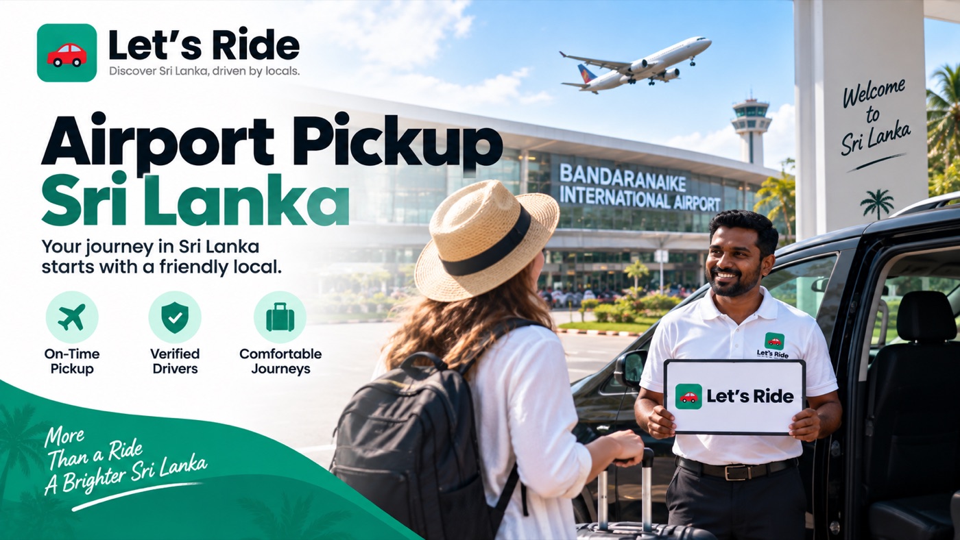 Driver holding a Let's Ride sign beside a car outside Bandaranaike International Airport, greeting a traveller with luggage