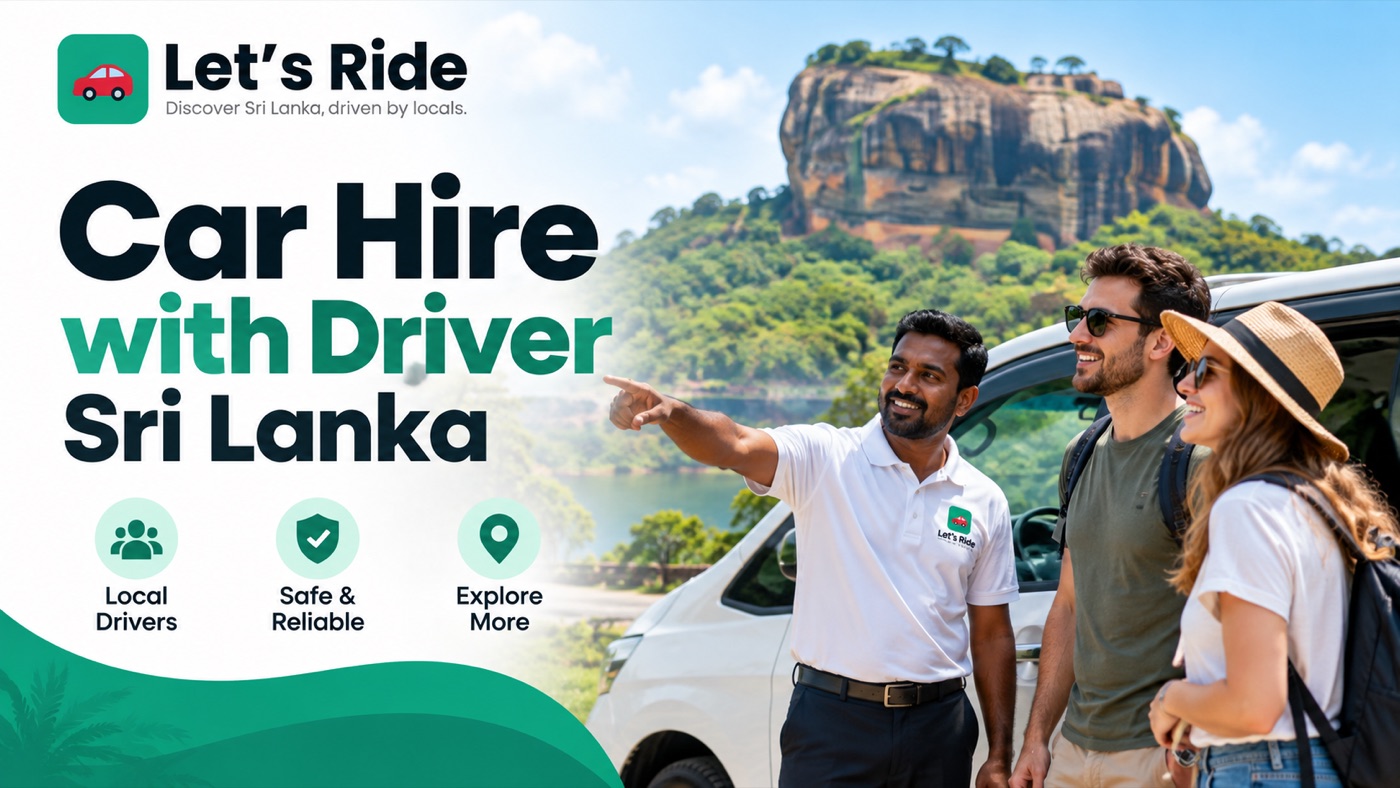 A Sri Lankan driver pointing out Sigiriya rock to two travellers beside a white van
