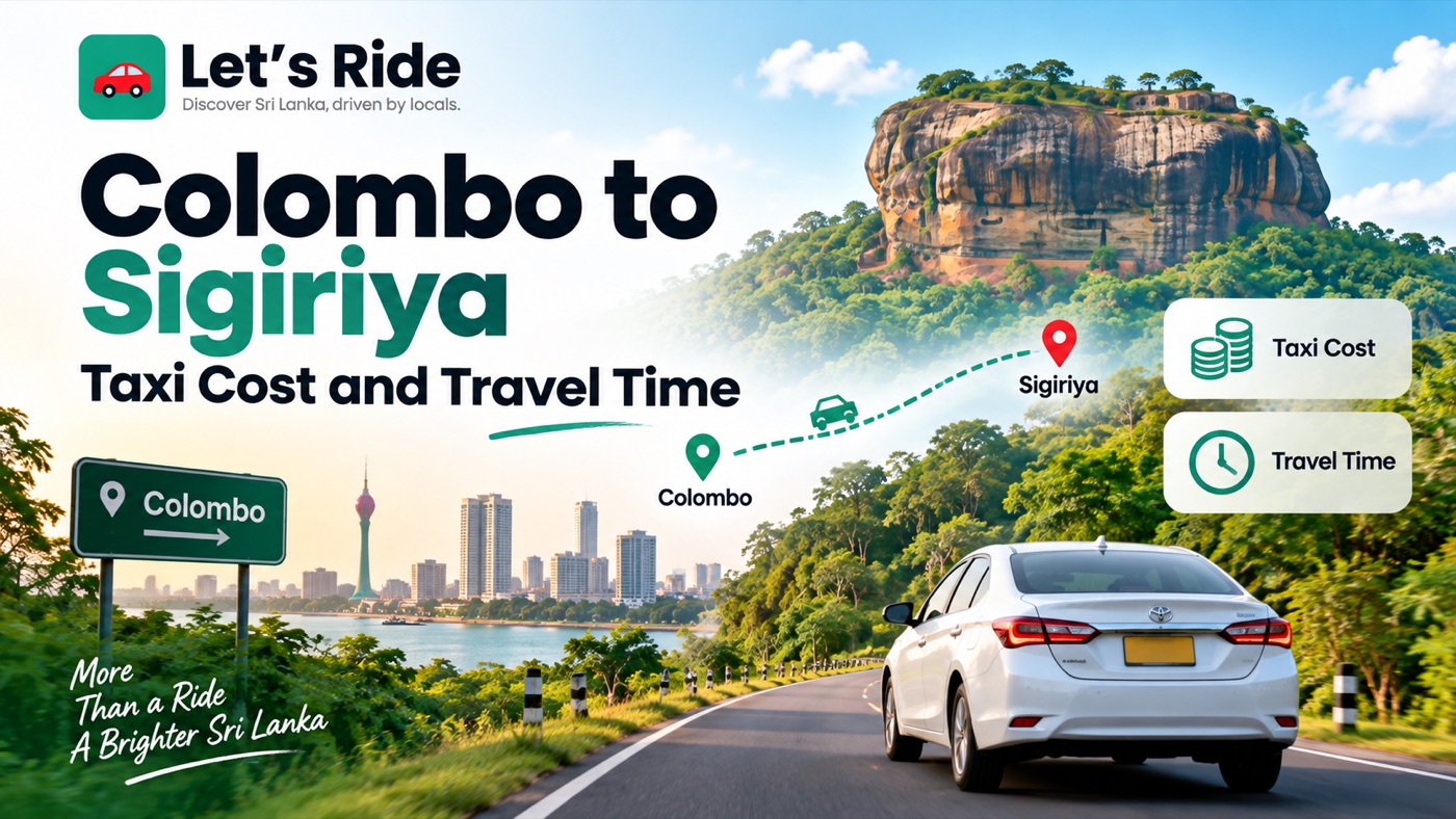 White car on a tree-lined road heading towards Sigiriya rock, with the Colombo skyline behind