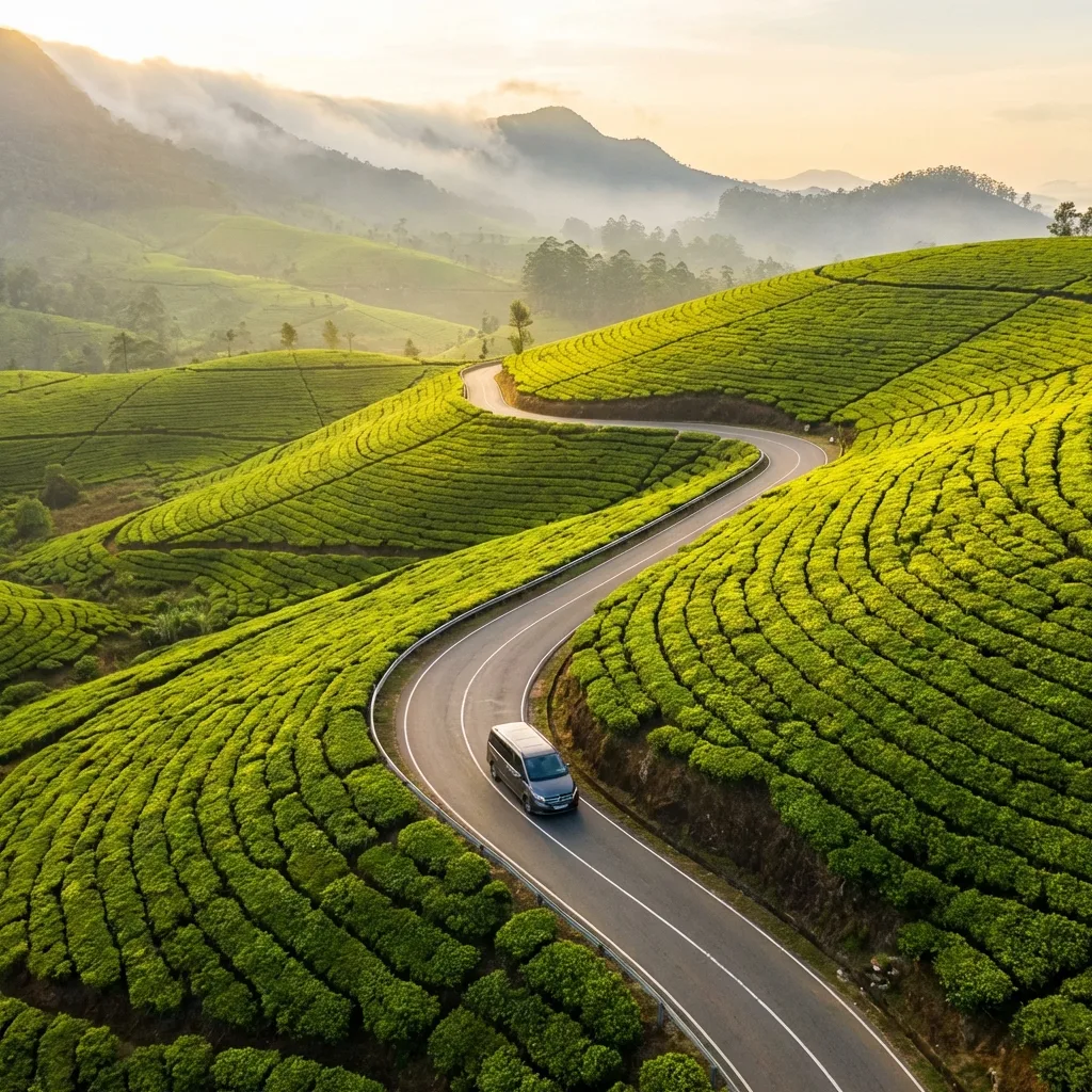 Scenic road through Sri Lanka tea plantations